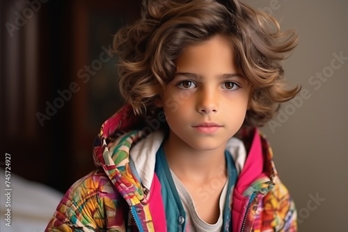 Portrait of a cute little girl with curly hair in the room