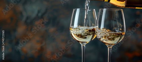 Pouring wine drink from a bottle to two glasses with copy space background.Generated AI image photo