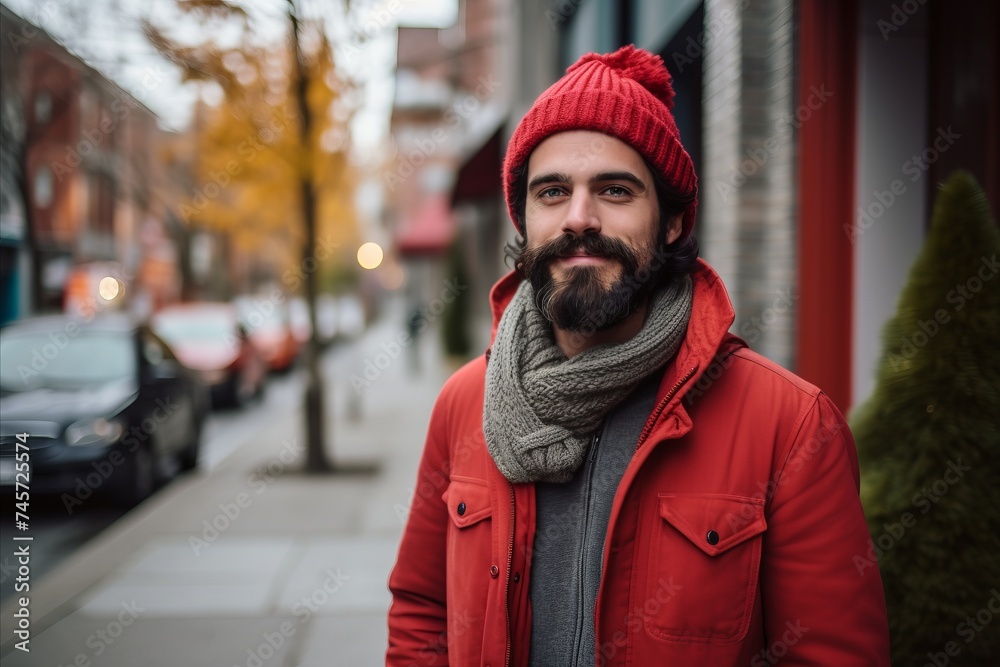Portrait of a handsome bearded hipster man in a red coat and scarf on the street.
