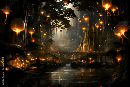 Fantasy landscape with lanterns in a dark forest. 3d rendering