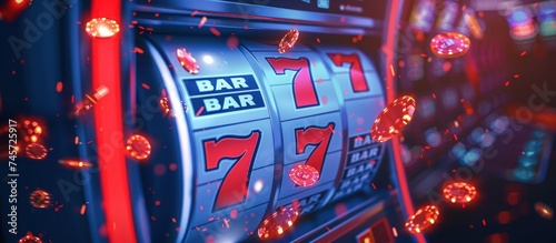 Casino Gambling of blue slot machine on lucky number 7 view blur background. Generated AI image photo