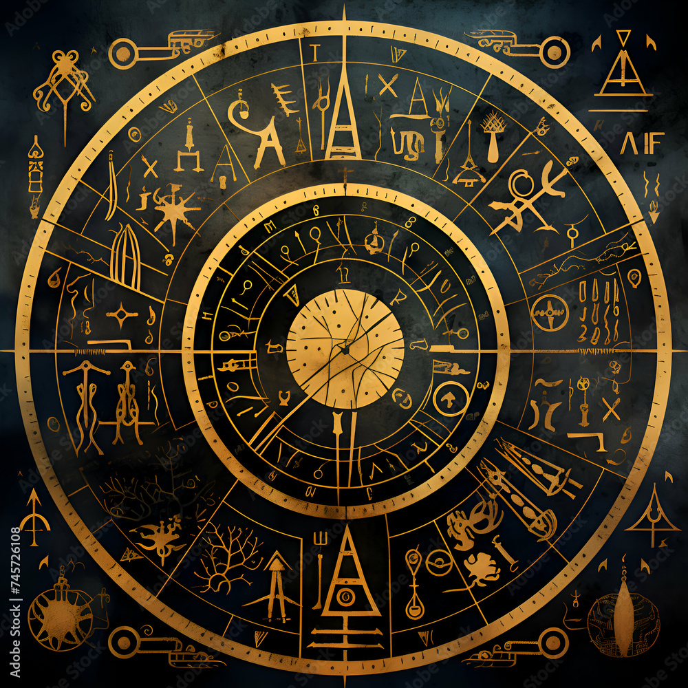 Astrological symbols and signs on a dark background. Vector illustration