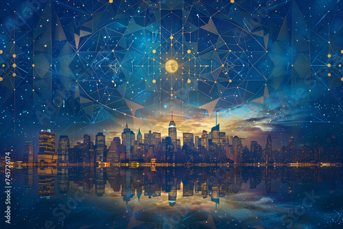 New York City skyline at night illustration artwork moonlit mosaic geometric shapes concept