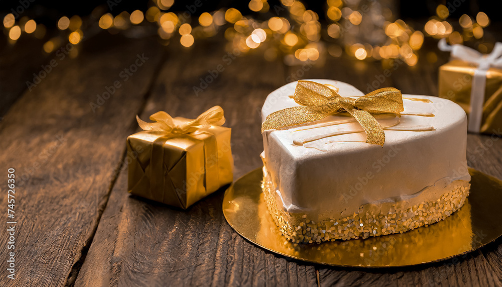 heart shape cake with a gold bow on top. Dessert and Pie for birthdays or weddings. The cake is beautifully decorated with icing and is placed on a table indoors. Elegant, Festive Gold and Glitter heart shape cake with a gold bow on top. Dessert and Pie for birthdays or weddings. The cake is beautifully decorated with icing and is placed on a table indoors. Elegant, Festive Gold and Glitter