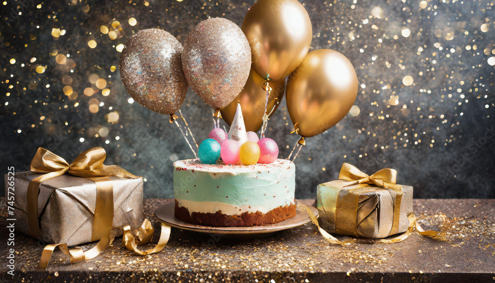 Birthday cake with candles and balloons. It is a festive dessert at a birthday party. Stylish and handmade pie with festive and beautiful decoration. Candle on top. Wonderful background with glitter. Birthday cake with candles and balloons. It is a festive dessert at a birthday party. Stylish and handmade pie with festive and beautiful decoration. Candle on top. Wonderful background with glitter.