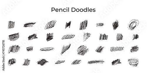 Scratched scribbles set with charcoal pencil. Children's drawings with jagged edges. Black spots and shadings drawn by hand. Elements and textures for notes and decoration social media
