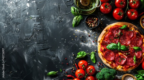 Pepperoni Pizza with Mozzarella cheese, salami, Fresh Basil. Italian pizza. On gray slate background decorated with fresh ingredients. Delicious fast food. Copy space.