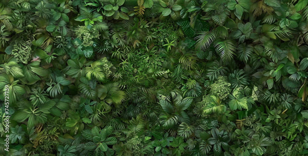 a image of a dense jungle canopy seen from above, with layers of foliage creating a lush and vibrant mosaic of green - obrazy, fototapety, plakaty 