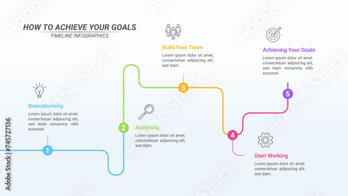 Infographic Timeline with 5 Steps and Editable Text on a 16:9 Layout for Business Presentations, Management, and Evaluation.