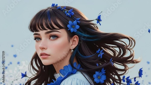 Side view of lady with delicate blue flowers entwined in her updo, on light blue background