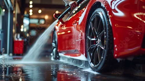 A professional automotive detailer is using a high-pressure washer to rinse off smart soap and foam from a red performance car at a vehicle detailing shop © MarkVincent