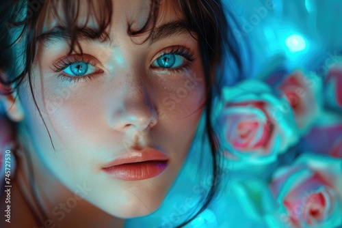 A close-up of a stunning young brunette lady. Generative Ai.