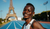 Portrait, focused, happy and healthy running athlete, Eiffel Tower like structure behind. Concept shot for 2024 Olympics in Paris, France. Isolated, modern, bokeh. Not an actual depiction of the event