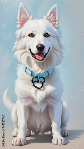 A portrait of a fluffy white spitz dog with striking amber eyes and a joyful expression. The dog is wearing a blue collar and has its tongue sticking out.