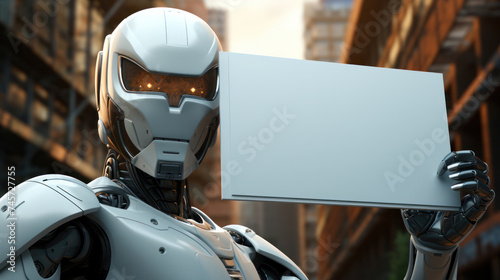 A robot holding a whiteboard with a sign.