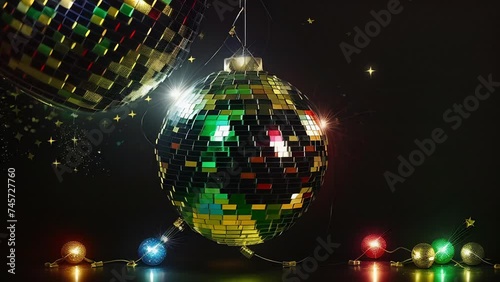 A colorful disco ball with mirror surface, hangs against a black  background. It is surrounded by golden stars and glitter, evoking a festive and celebratory mood.