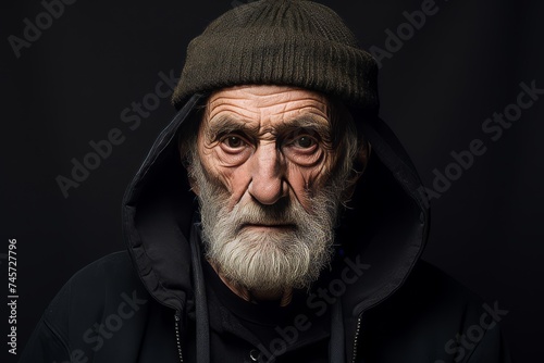Portrait of an old man with a long white beard and mustache in a black jacket and a knitted hat on a dark background