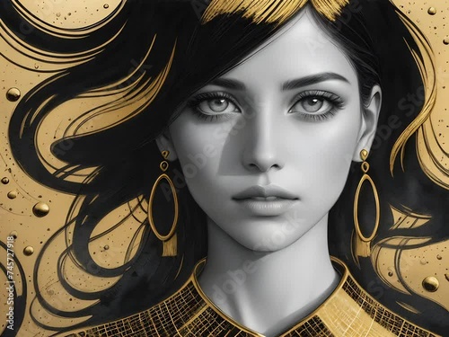 Gold and black portrait of a young woman with black hair and golden earrings. She wears a gold-patterned garment. Set against a golden background
