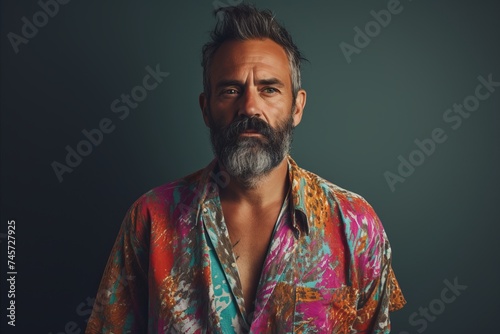 Portrait of a bearded man in a colorful shirt on a dark background.