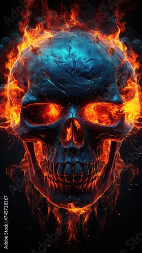 A skull with fiery blue flames emanating from its eye sockets and mouth creating an eerie and mystical aura photo