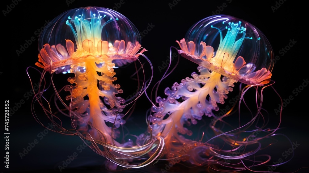 Capturing the ethereal glow of bioluminescent organisms in a deep ocean scene Capturing the ethereal glow of bioluminescent organisms in a deep ocean scene