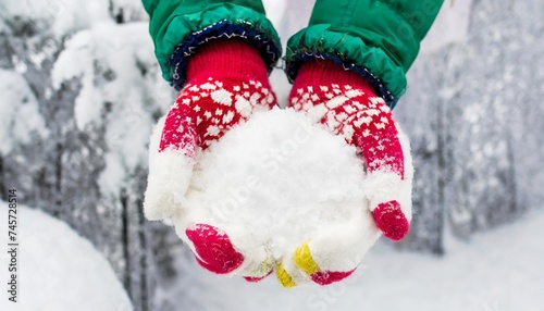 Generated image of hands in warm colorful gloves holding snow  © Alena Shelkovnikova