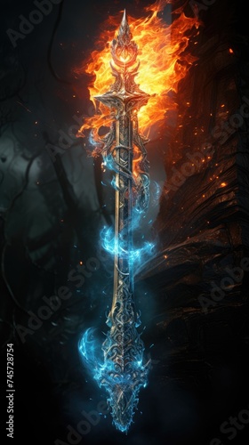 Excaliburs legendary sword engulfed in ethereal blue flames