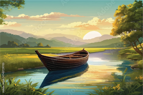 Boat in a lake illustration. Illustration traveling boat in river, beautiful landscape, green trees, natural light, nature landscape background. Beautiful lake with a boat in mountain area. 