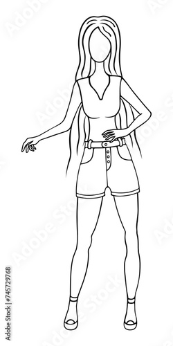 The girl froze in a beautiful pose. Sketch. Vector illustration. Doodle style. A woman wears a low-cut, sleeveless blouse and short denim shorts with pockets. Lady with long hair. 