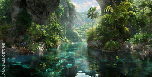 a  image of a tranquil jungle lagoon surrounded by towering cliffs and lush vegetation, with crystal-clear water reflecting the vibrant greenery.
