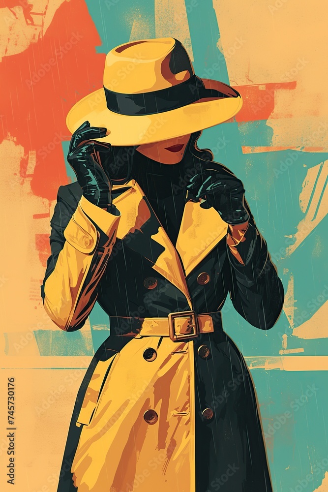 Obraz premium illustration, a spy with a raincoat and hat pop art retro