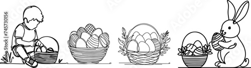 One continuous hand drawing black line art basket, easter egg, bunny, kids, doodle decorated. design for rabbit easter egg outline style vector