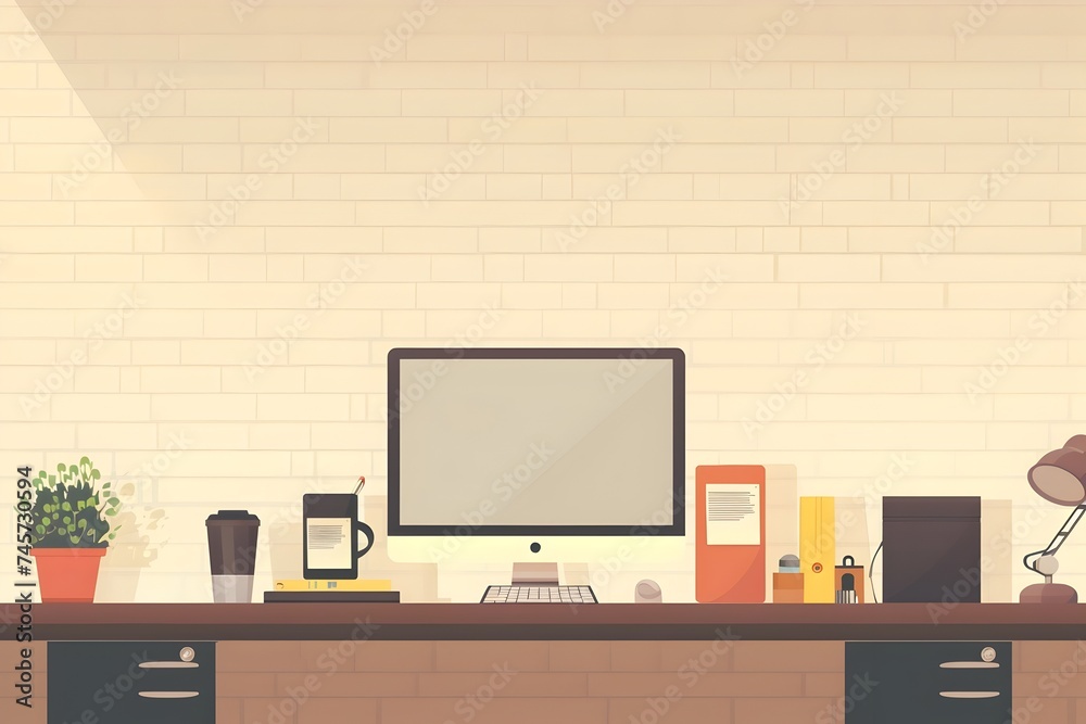 A detailed vector illustration of a modern office desk with a computer and lamp in an industrial texture style The image also features office equipment and supplies in a pixelated landscapes style A detailed vector illustration of a modern office desk with a computer and lamp in an industrial texture style The image also features office equipment and supplies in a pixelated landscapes style