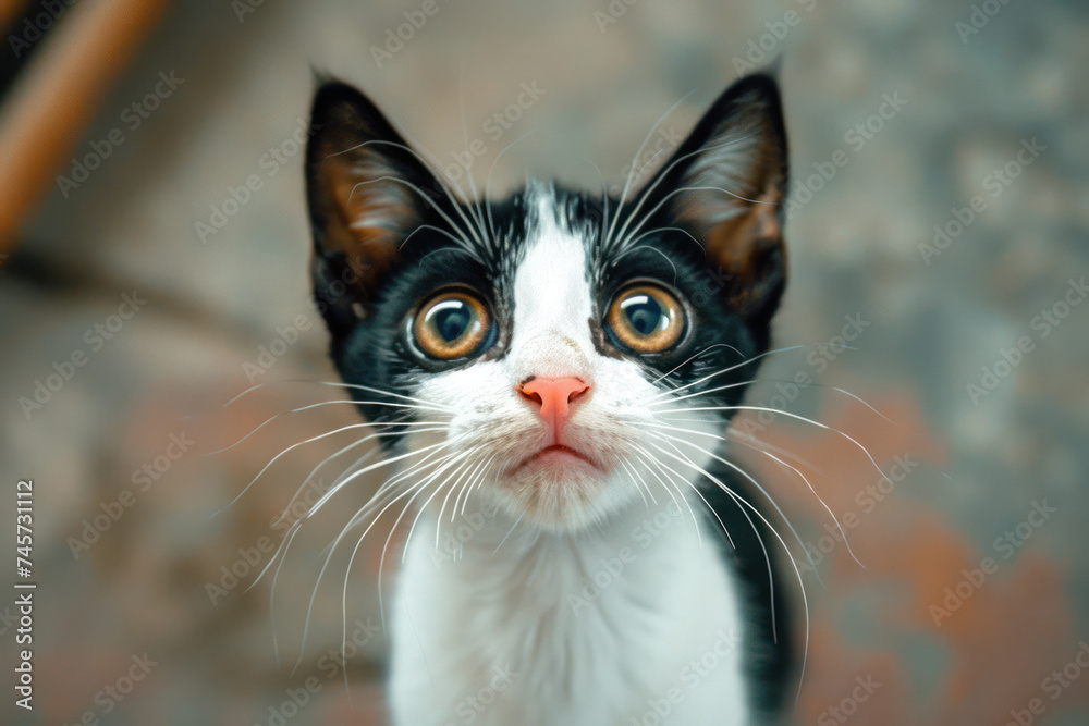 Close-up Portrait of a Curious Tuxedo Kitten with Wide Eyes
