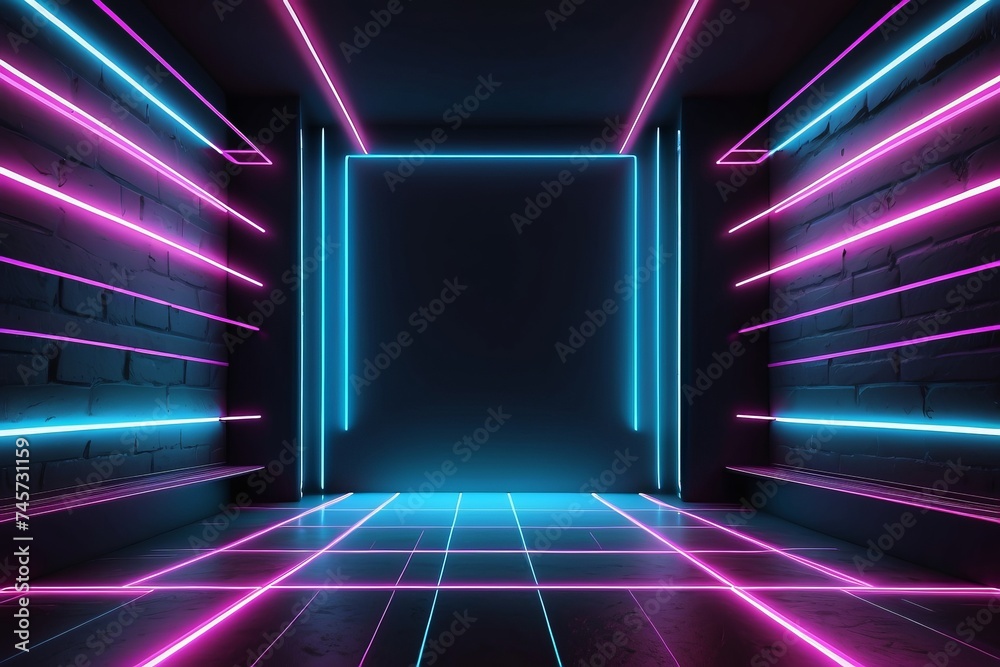 Neon-Lit Hallway With Brick Wall