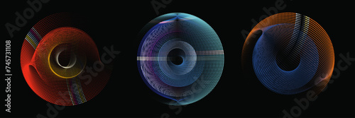 Set of three circles abstract vector illustration, The colorful circular pattern emerges like a fluid wave function, Flowing dot particles wave 3D curve pattern.