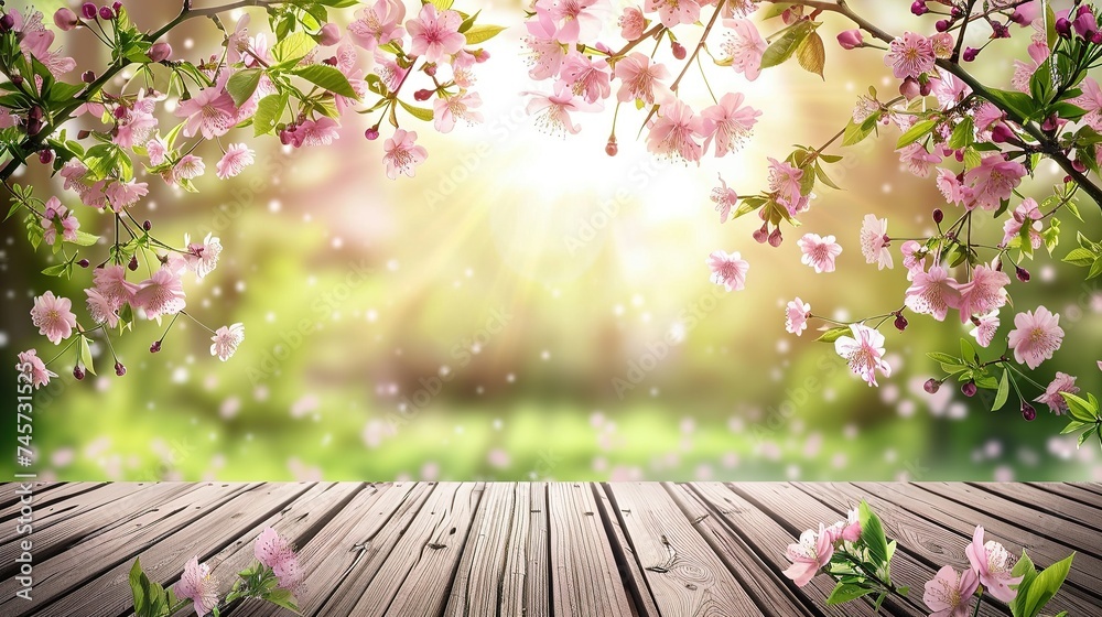 Spring sunny background with wooden tabletop and branches of blooming pink cherry. Empty space for design