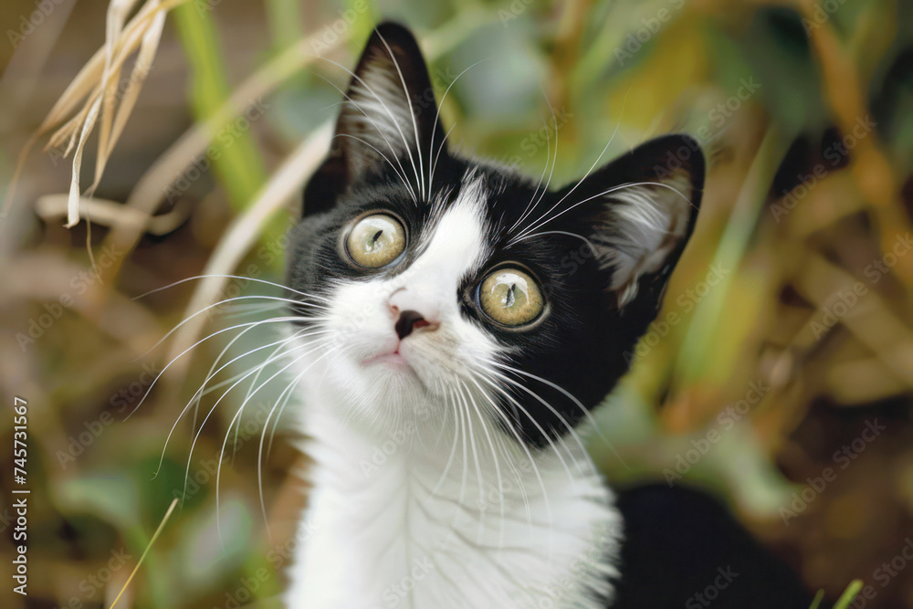 Black and White Funny Domestic Cat With Intense Golden Eyes Nature Background