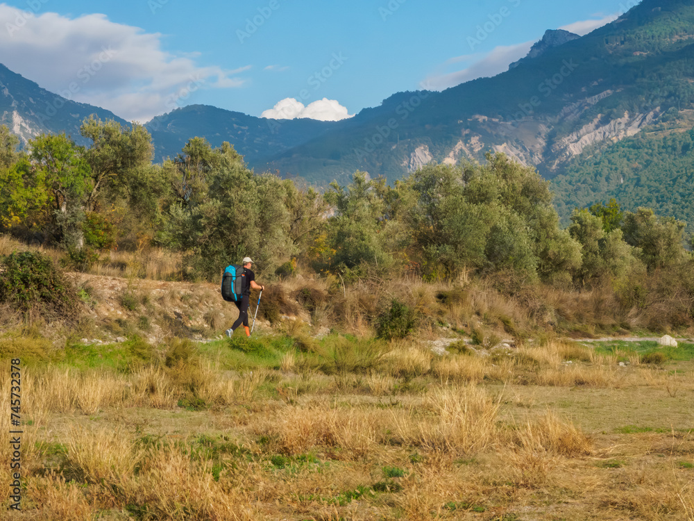 A man hiking in autumn, Organya, Lleida, Spain