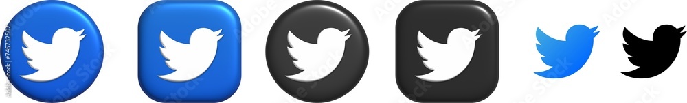 Set of 3d twitter icons on transparent background. Set of twitter icons