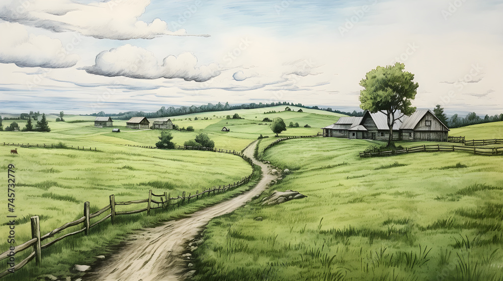 Hand-Drawn Country Landscape: A Quaint Cottage Amidst Green Meadows and Cloudy Sky