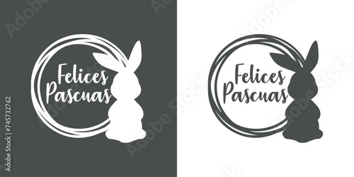 Logo con texto manuscrito Felices Pascuas en español en marco circular con líneas con silueta de Conejo de Pascua. Silueta de Conejito de Pascua de pie