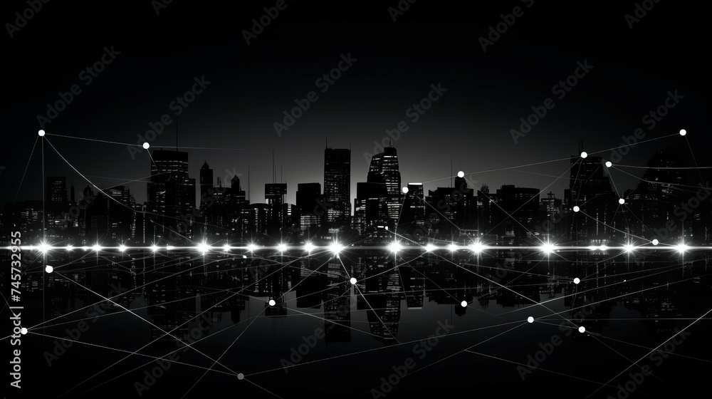 Business connection in the city with digital graphic link network internet of things and information communication technology buildings black and white background Business connection in the city with digital graphic link network internet of things and information communication technology buildings black and white background
