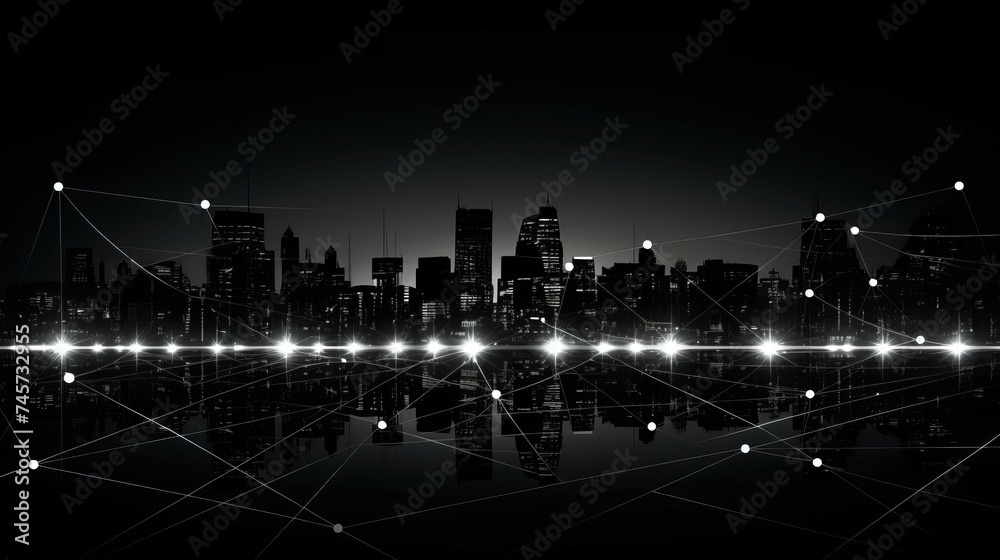 Business connection in the city with digital graphic link network internet of things and information communication technology buildings black and white background