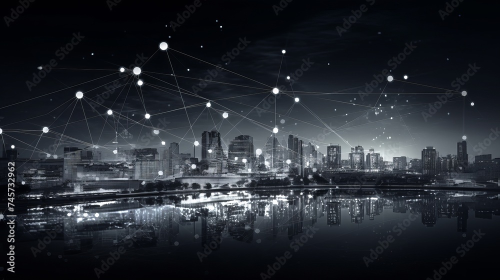 Business connection in the city with digital graphic link network internet of things and information communication technology buildings black and white background