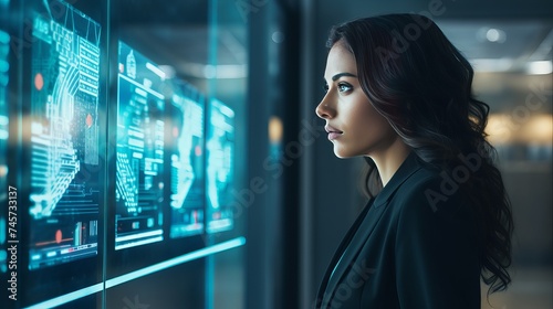 Businesswoman looking at futuristic interface screen