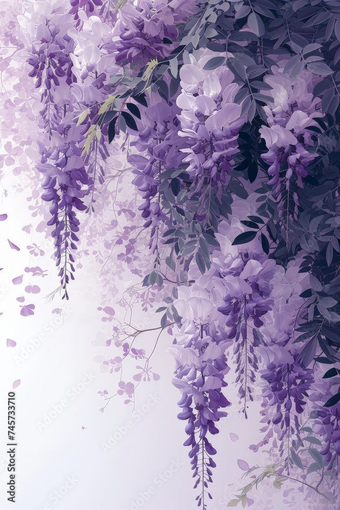 Vibrant Purple Flowers Painting on White Background with Blue Sky, Nature and Beauty Concept