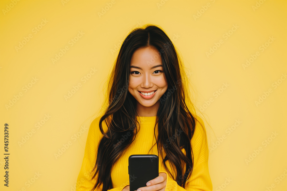 Happy young asian woman looking into her phone isolated on yellow Happy young asian woman looking into her phone isolated on yellow
