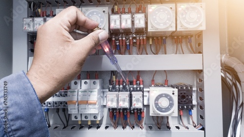 Checking the electrical power on the control panel using a test pen, a repair concept in electrical troubleshooting by an electrical engineer. photo