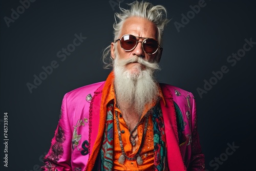 Portrait of a handsome senior man with long white beard and stylish hair in colorful clothes and sunglasses.